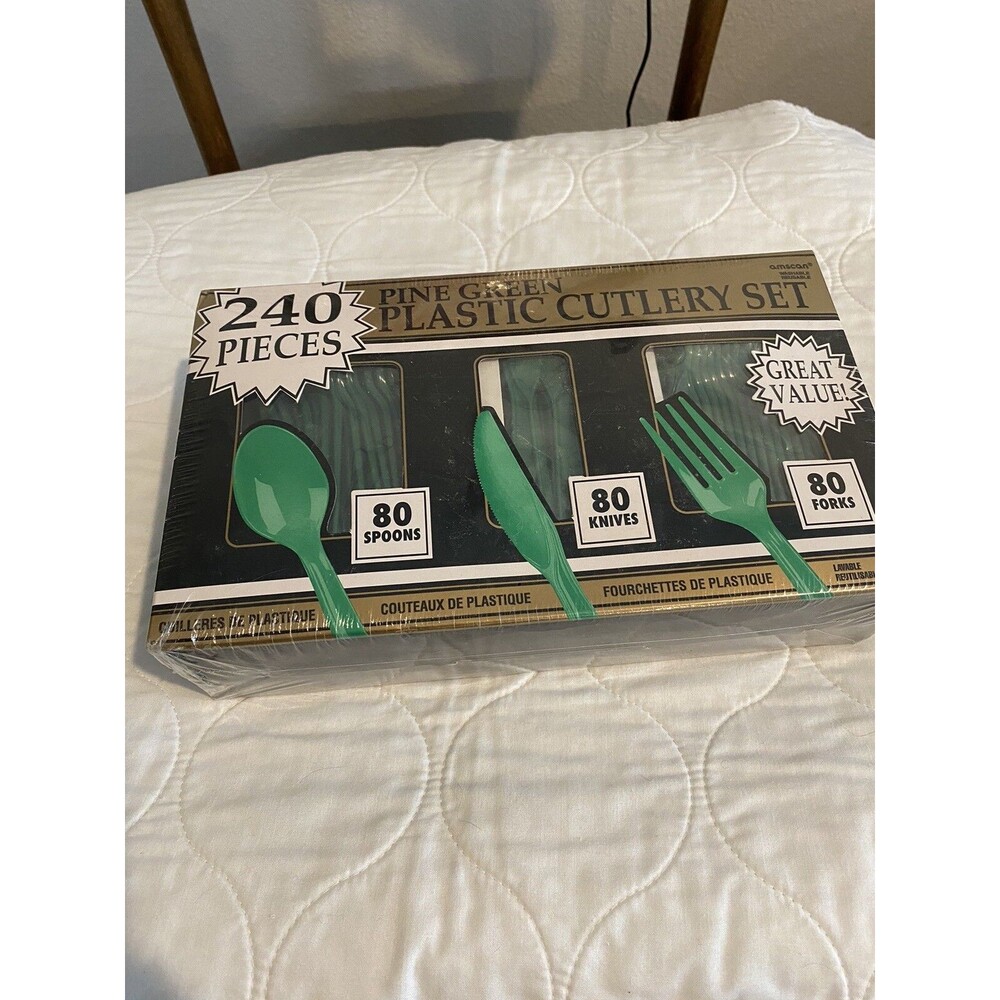 Plastic Cutlery 240 Pc. By Amscan Pine Green Washable Forks Spoons Knives- Party